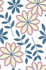 Fototapeta premium Cream pink blue floral pattern on white seamless flowers