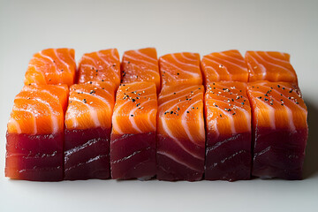 Close-up of a row of sushi rolls, featuring a combination of salmon and tuna, topped with black pepper, presented on a white surface.