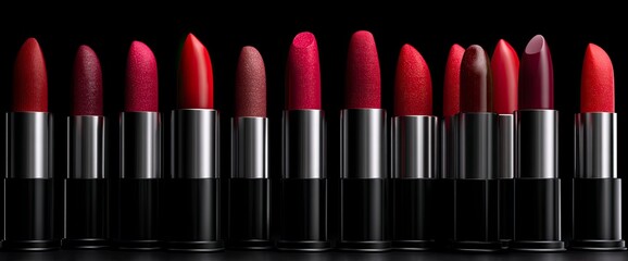 3D render of various shades of red lipsticks on a black background, in a minimalist style. 