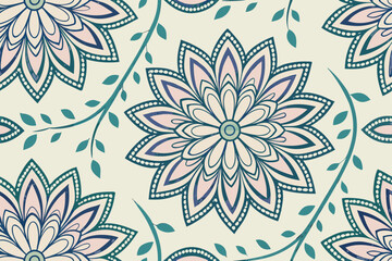 Fototapeta premium Floral mandala pattern with teal vines and leaves seamless botanical