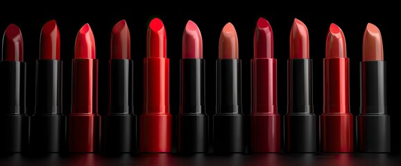 3D render of various shades of red lipsticks on a black background, in a minimalist style. 
