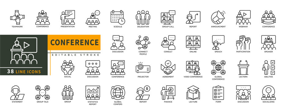 Minimalist Conference line icons set with editable stroke, featuring presentation, meeting, group, delegation, call group, report, video conference, speach, webinar, speaker. thin linear illustration.
