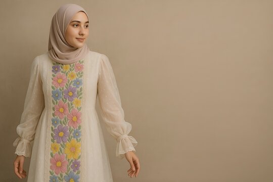 Muslim Woman in Cream Gamis with Colorful Floral Embroidery on Neutral Background