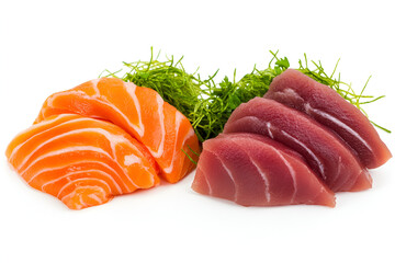 Slices of fresh salmon and tuna sashimi displayed with green seaweed garnish on a white background.