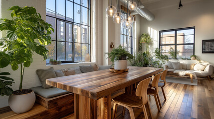 Obraz premium Bright and airy dining room interior with natural wood table and large windows creating an