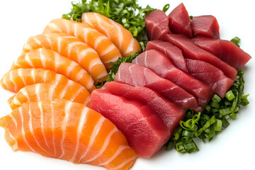Close-up of sliced salmon and tuna sashimi arranged on a bed of fresh green herbs, creating a vibrant and appetizing presentation.