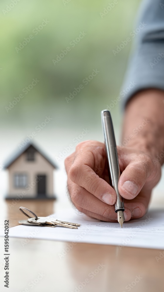 Poster real estate agent is signing a contract for a new house with keys and a miniature house in the foreg