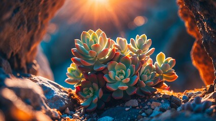 Succulent Plant Growing Amongst Rocks with Sunlight Glowing Behind