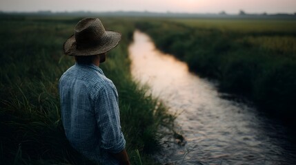 Farmer standing by a water canal in a rice field