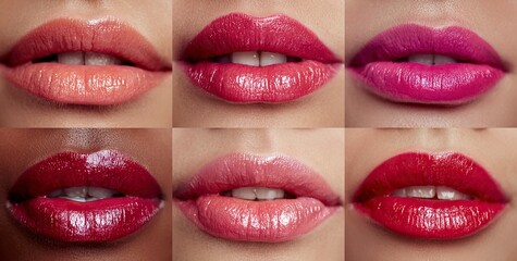 9 different lip colors on a woman's lips, various shades of pink and red lipstick on the same woman's face, close-up of lips with natural-looking makeup, different color shades of glossy lipstick,