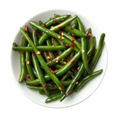 Fresh Green Beans with Spicy Garlic Seasoning in a Bowl on transparent background