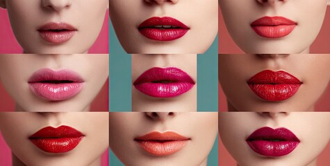 9 different lip colors on a woman's lips, various shades of pink and red lipstick on the same woman's face, close-up of lips with natural-looking makeup, different color shades of glossy lipstick,