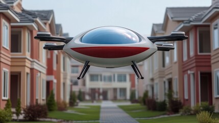 Fototapeta premium Futuristic drone hovering over suburban homes