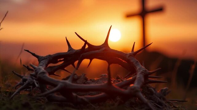 A close-up of a crown of thorns against the background of a blurred silhouette of a cross on a hill during sunset. Symbol of the Passion of Christ, Easter and redemption