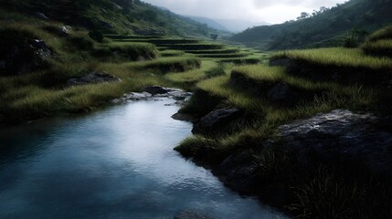 Terraced rice fields flowing into a tranquil stream in the hills