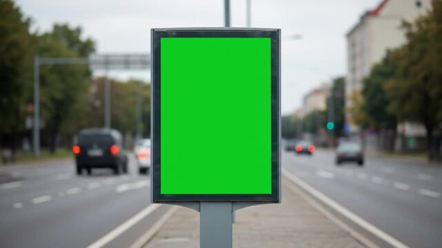 Greenscreen advertisement stands on urban median