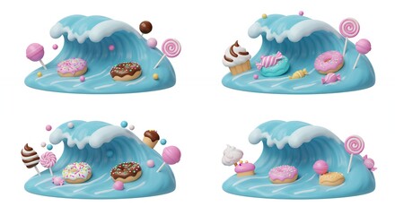 Naklejka premium Sweet treats on waves illustration set