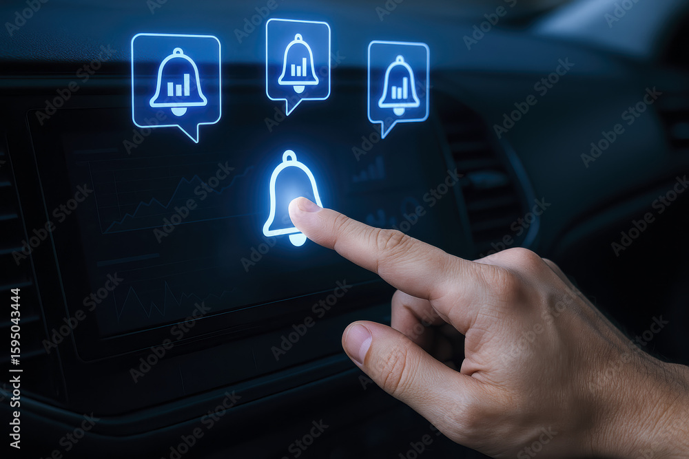 Poster notification bell icon glowing blue on a dashboard displays data alert with smart hand tap interacti