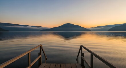 Obraz premium Golden light dances on the serene lake at dawn, reflecting the vibrant sky and distant clouds across the tranquil summer landscape