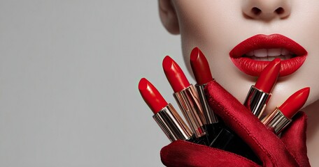 29 jewelry preparations for National Lipstick Day, beautiful woman with red lips holding cosmetic products in her hands and applying lipstick on her face, isolated gray background, copy space banner 