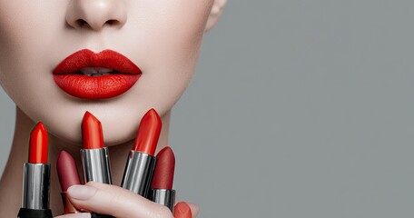 29 jewelry preparations for National Lipstick Day, beautiful woman with red lips holding cosmetic products in her hands and applying lipstick on her face, isolated gray background, copy space banner 