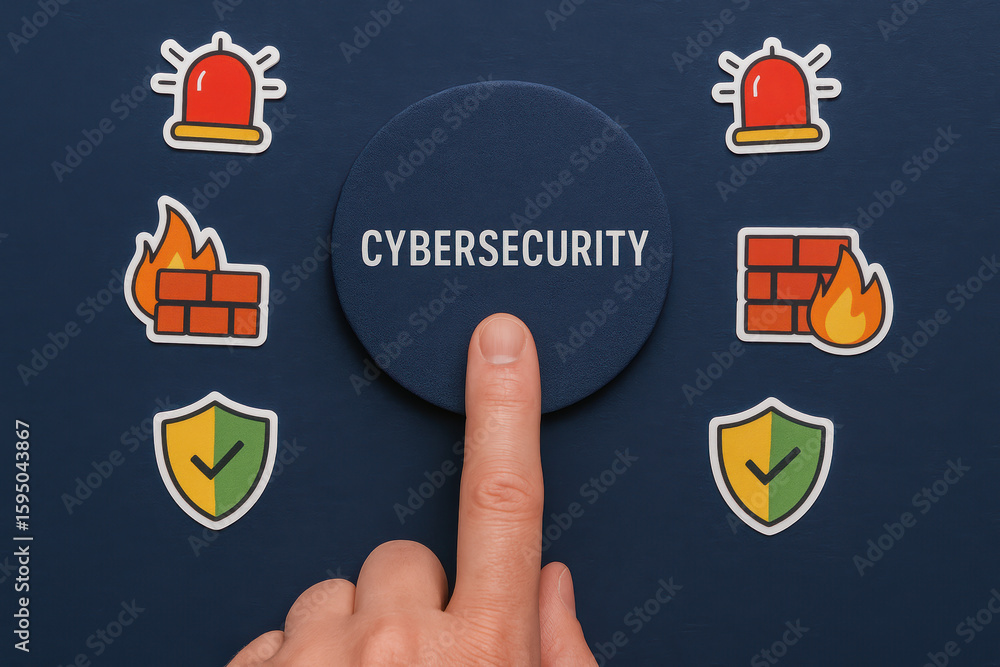 Poster cybersecurity and cyber security signals protect digital systems with alert shield icons on a blue t