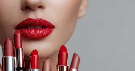 29 jewelry preparations for National Lipstick Day, beautiful woman with red lips holding cosmetic products in her hands and applying lipstick on her face, isolated gray background, copy space banner 