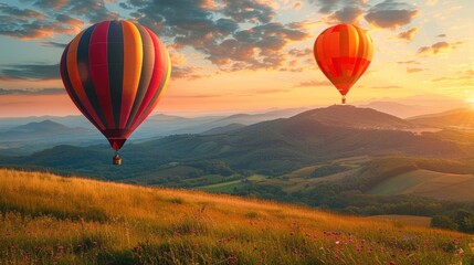 Obraz premium Hot air balloons flying over mountain hills at sunset