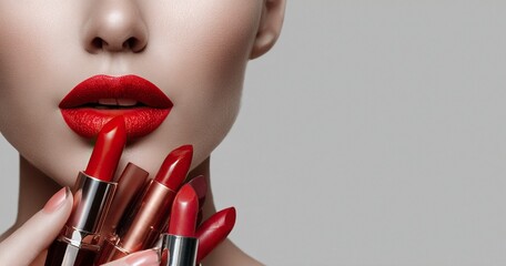 29 jewelry preparations for National Lipstick Day, beautiful woman with red lips holding cosmetic products in her hands and applying lipstick on her face, isolated gray background, copy space banner 