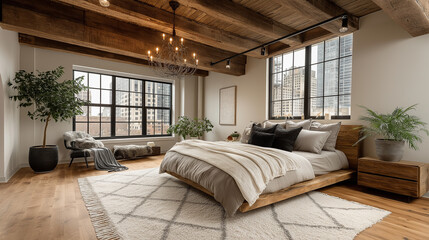 Fototapeta premium Elegant bedroom design featuring exposed wooden beams with city views and natural light