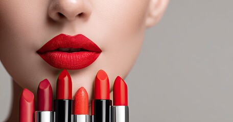 29 jewelry preparations for National Lipstick Day, beautiful woman with red lips holding cosmetic products in her hands and applying lipstick on her face, isolated gray background, copy space banner 