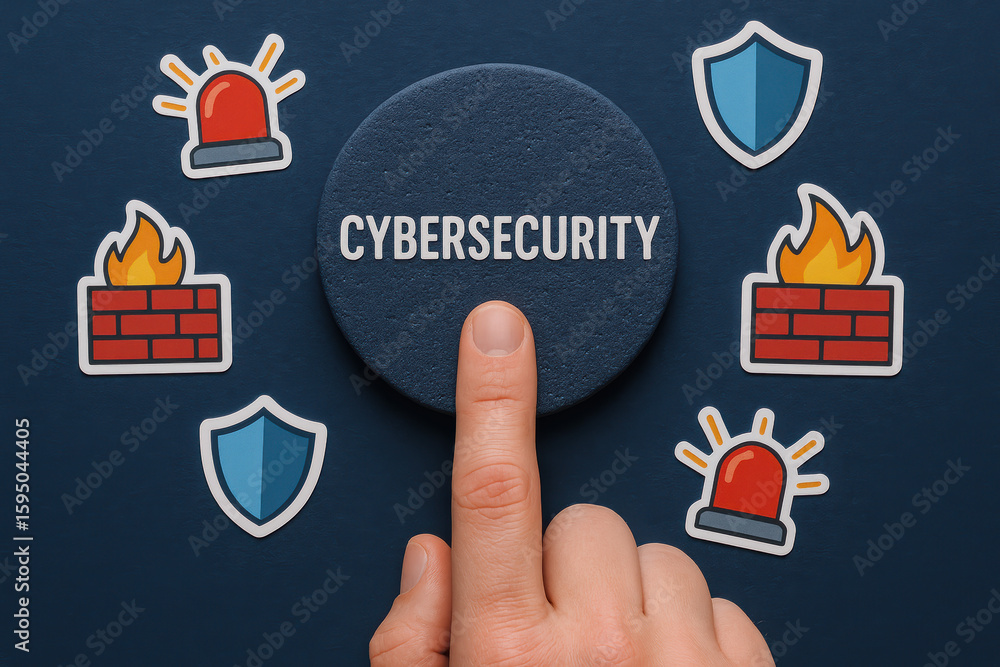 Poster cybersecurity alert security protection technology focuses on guarding systems with shield and firew