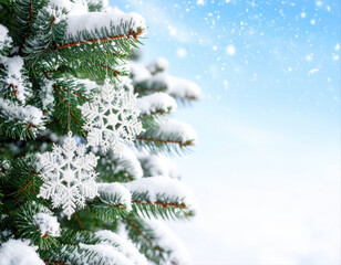 Winter wonderland snow-frosted christmas tree with snowflakes outdoor nature scenic view holiday spirit
