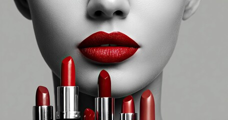 29 jewelry preparations for National Lipstick Day, beautiful woman with red lips holding cosmetic products in her hands and applying lipstick on her face, isolated gray background, copy space banner 