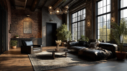 Elegant living room with brick wall, large windows, and stylish furniture offers a sophisticated