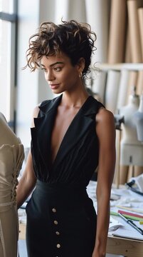 medium shot, Black female fashion designer adjusting dress on mannequin, bright modern studio, bolts of fabric, creative and stylish, natural daylight