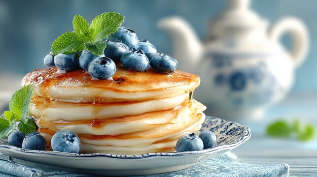 Pancakes with fresh blueberries and maple syrup