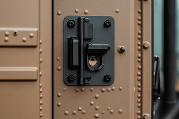 Close-up of a matte brown surface with a black metal locking mechanism, showcasing robust design and detail.