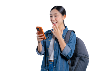 An amazed young Asian student looking at her phone with a happy, surprised expression, reacting to exciting news.on png 