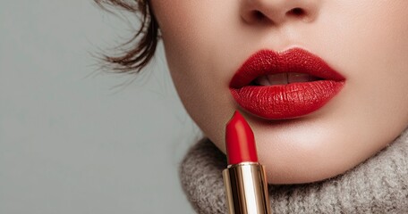 29th National Lipstick Day, a woman applying lipstick on a gray background, a banner for the national day of lipstick and makeup, a beauty concept. Stock photo contest winner, best quality, high resol