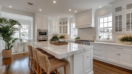 Elegant white kitchen with marble island and woven barstools showcasing design