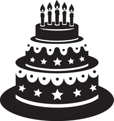 Vector art of a festive threetiered birthday cake with candles