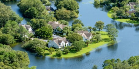 Flooded residential area suburban neighborhood aerial view lush green environment nature's impact