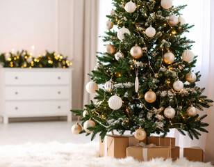 Festive christmas tree decoration cozy living room holiday content warm ambiance indoor view celebration concept