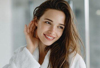 A beautiful woman with long hair, smiling and touching her ear while looking in the mirror at home for beauty treatment, skin care or skincare on her face and body. Beauty concept of self-care, person