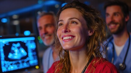 Medical Professionals Smiling During Ultrasound Procedure