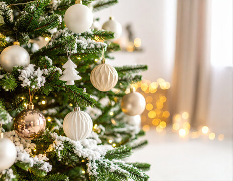 Christmas tree decorations cozy living room holiday atmosphere soft lighting close-up view festive spirit