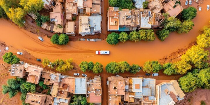 Flood response operations urban area aerial view natural disaster community resilience emergency management
