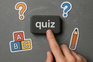Gently touching quiz button to inspire education learning knowledge and classroom assessment success