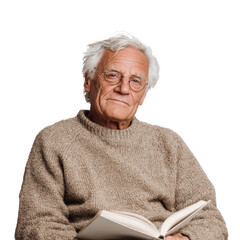 The Elder's Quiet Read: An elderly man with kind eyes is captured in a moment of contemplative reading, gently holding a book in his hands.